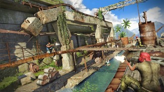 Far Cry 3 - Multiplayer-ScreenshotsZementblöcke zerfallen, der Stahl rostet, Planken quietschen -- die tropische Hafenanlage hat schon bessere Zeiten gesehen. Und dann auch noch so viele Einschusslöcher ...
