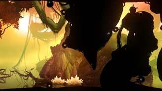 Badland: Game of the Year EditionDie Checkpoints (hier am oberen Bildschirmrand) sind so gelegt, dass wir immer alle nötigen Power-Ups einsammeln können. Zuvor haben wir eins vergessen und uns deswegen im schmalen Durchgang verkantet.