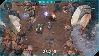 Halo: Spartan Assault - Screenshots aus der Steam-VersionTypisch Halo: Wir setzen uns in ein Covenant-Geschütz, um den Weg für zwei Wolverine-Flaks freizuballern.