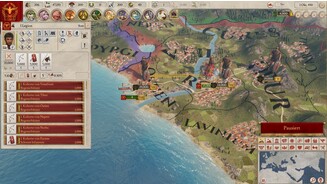 Imperator: RomeEine römische Legion marschiert. Die Armeen mit den schwarzen Bannern sind rekrutierbare Söldner und irritieren etwas auf der Karte.