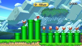 New Super Mario Bros. UVorsicht vor den fleischfressenden Pflanzen. Eine Berührung und Mario schrumpft. Eine weitere und wir dürfen vom letzten Speicherpunkt aus neu starten.