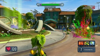 Plants vs. Zombies: Garden WarfareHier verteidigen wir im Modus »Gärten und Friedhöfe«, der stark an »Rush« aus Battlefield erinnert, unsere Pflanzen-Station.