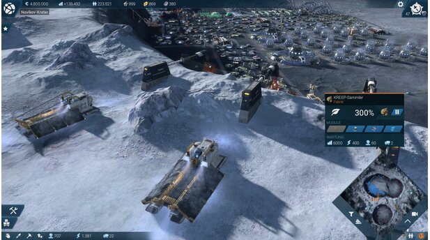 Anno 2205Schick animierte Raupenfahrzeuge sammeln Seltene Erden auf der Mondoberfläche ein. Jede Raupe ist ein einzelnes Produktionsmodul, das wir gesondert bauen und bezahlen müssen.