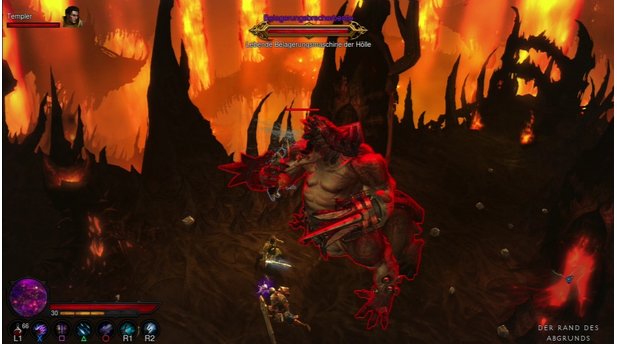 Diablo 3In den Reihen der höllischen Invasoren finden sich auch jede Menge imposanter Bossmonster, hier etwa kriegen wir es mit einer tobenden Belagerungsbrecherbestie zu tun.