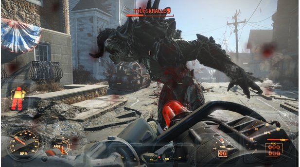 Fallout 4 (PC)Die Todeskralle ist selbst mit Minigun ein harter Brocken, wenn wir nicht auf ihren ungeschützten Bauch halten.