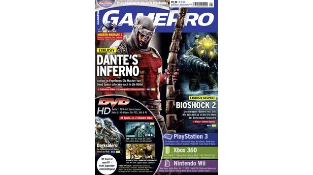 GamePro 012010mit Dantes Inferno-Titelstory und Tests zu New Super Mario Bros. Wii, Darkside Chronicles und Modern Warfare 2. Außerdem: Previews zu Darksiders, Bioshock 2 und Just Cause 2.