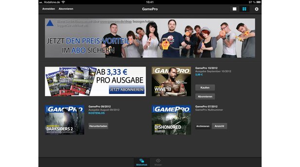GamePro für Tablets
Verfügbare sowie bereits gekaufte Ausgaben zeigt die »Kiosk«-Startseite der Tablet-GamePro.