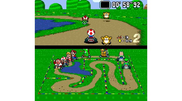 Super Mario KartDen hüpfenden Maulwürfen ausweichen und gleichzeitig Donkey mit einem grünen Panzer abschießen: Schon zu Super-Nintendo-Zeiten ist Multitasking gefragt.