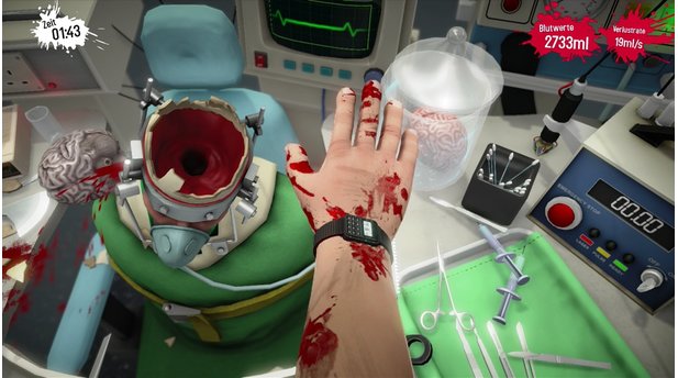 Surgeon Simulator - PS4-ScreenshotsDarf es ein neues Gehirn sein? Diese OP gehört noch zu den einfacheren, wird aber wie alle anderen auch durch die unnötig komplizierte Steuerung zum Glücksspiel.