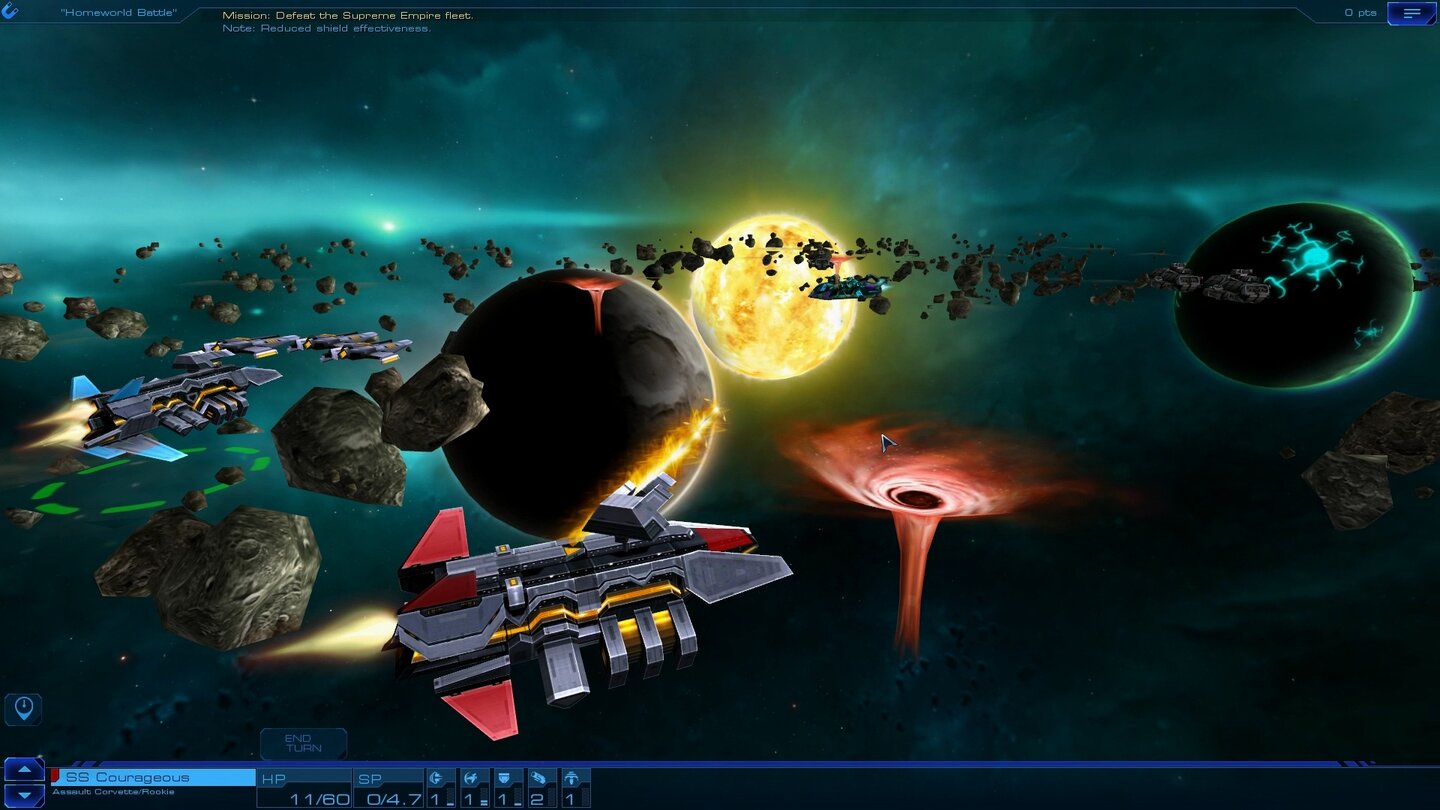 Sid Meier's StarshipsWir haben eine gerade Schusslinie auf den Feind, während sich der Rest unserer Flotte im Asteroidenfeld verbirgt.