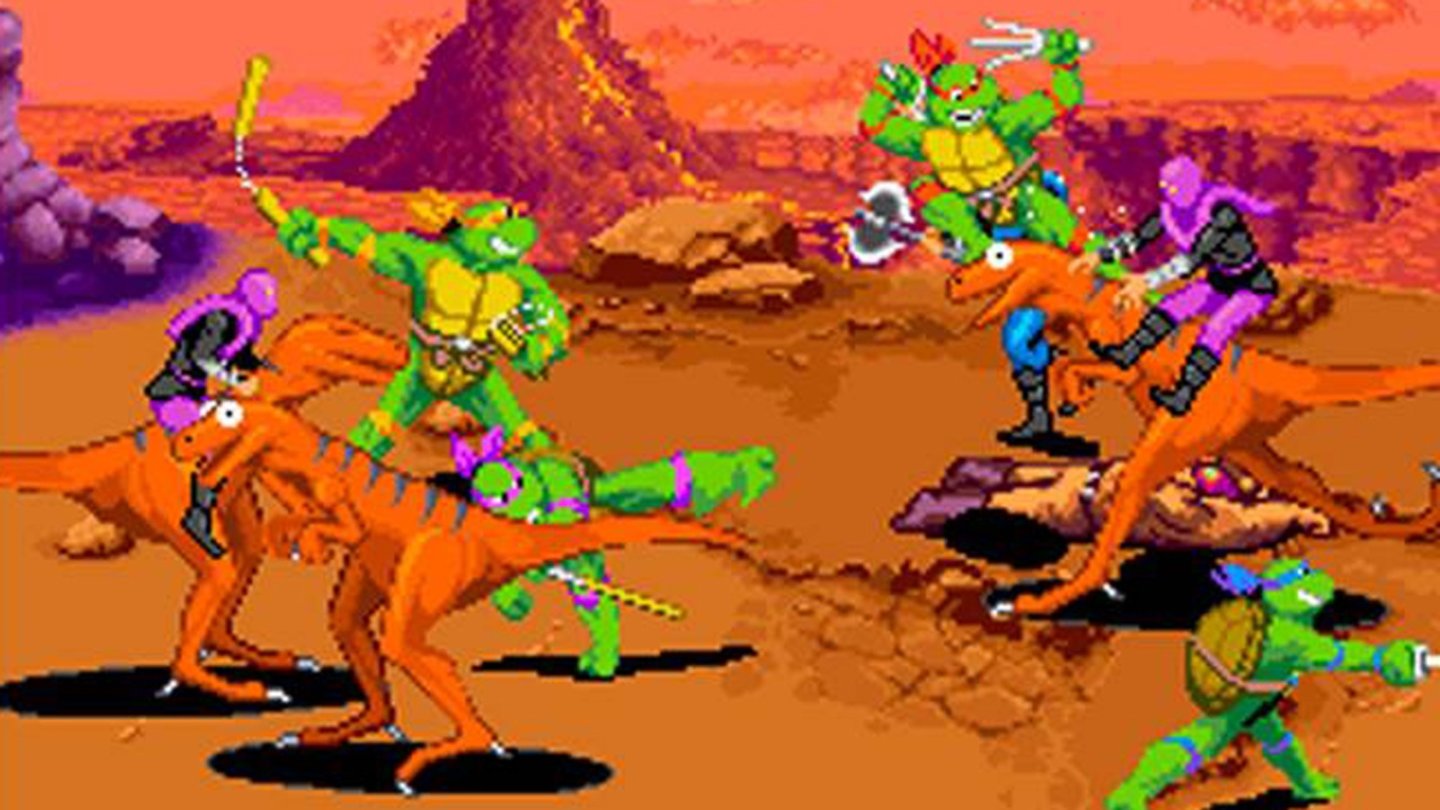 Teenage Mutant Ninja Turtles: Turtles in Time (1991)Das Sidescroller-Beat’em up zu den maskierten Mutantenschildkröten erschien erstmals 1991 als Arcade-Game und schickt die Helden auf eine Reise durch die gesamte Zeitgeschichte, nachdem ein Fiesling einfach mal die Freiheitsstatue entwendet hat. Bis zu 4 Spieler können sich deshalb unter anderem auch gegen grimmige Saurier behaupten.