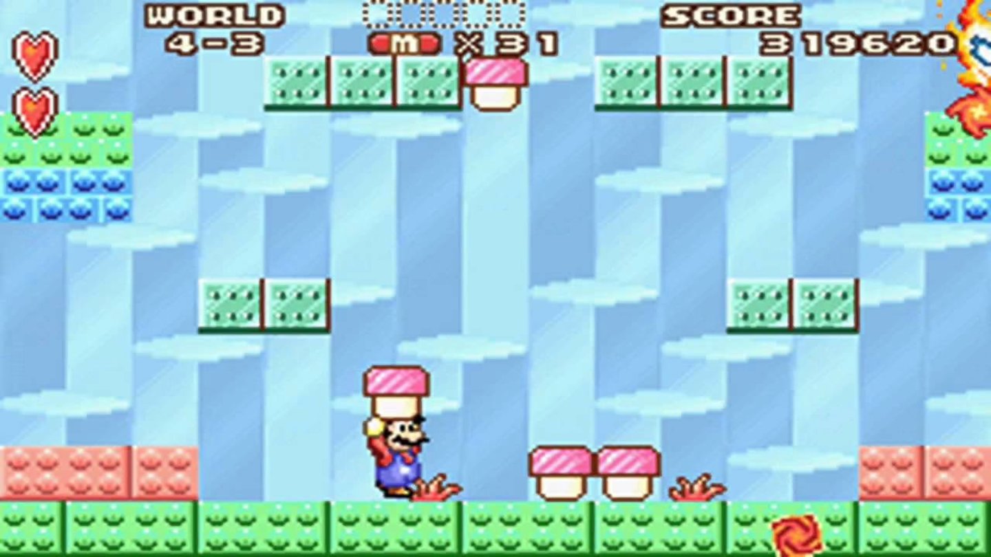 Super Mario Advance (2001)Mit Super Mario Advance erfuhr auch Super Mario Bros. 2 ein Remake für den Game Boy Color. Neu ist hier das freie Speichern, sowie Mouser als Boss in Welt 6, der den schlangenköpfigen Tryclyde ersetzt. Wie alle Remakes enthält das Spiel außerdem den Klassiker Mario Bros.