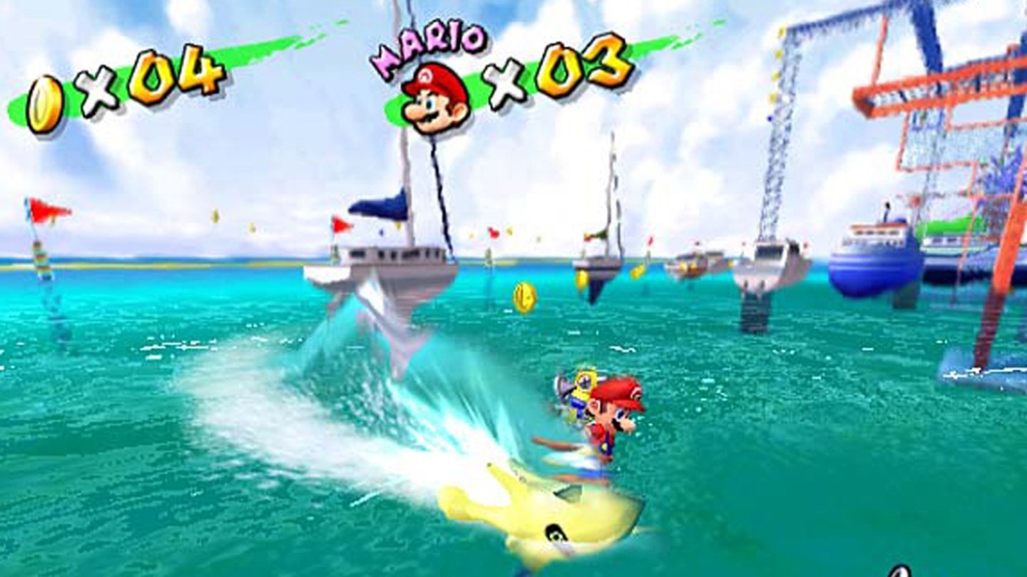 Super Mario Sunshine (2002)Super Mario Sunshine ist wie Super Mario 64 ein 3D-Plattformer. Statt Powerstars gilt es hier, Shine Sprites zu sammeln. Außerdem wurden viele neue Charaktere wie Toadsworth, Bowser Jr, Petey Piranha oder Shadow Mario neu eingeführt. Nach Hotel Mario ist das Spiel übrigens das zweite mit einer richtigen Sprachausgabe.