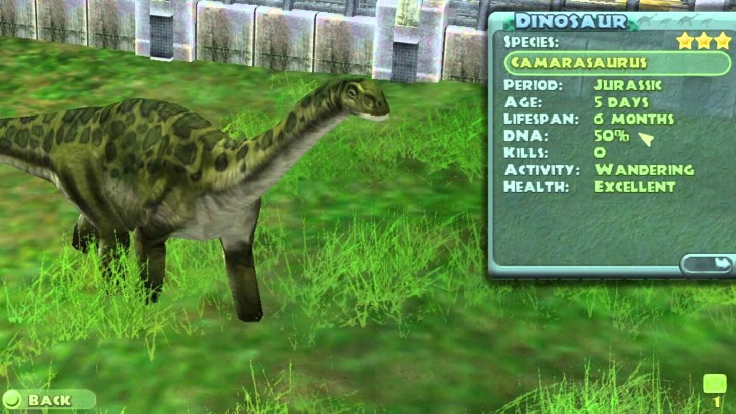 Jurassic Park: Operation Genesis (2003)Operation Genesis erinnerte 2003 stark an Jurassic Park 3: Park Builder und ermöglichte dem Spieler wie im Film seinen eigenen Dino-Park zu eröffnen. Diesmal allerdings ohne amoklaufenden T-Rex, dafür mit zufriedenen Besuchern und zahlreichen Attraktionen, die dabei helfen, die eigene Touristenattraktion innerhalb von 10 Missionen zum 5-Sterne-Tipp zu machen.
