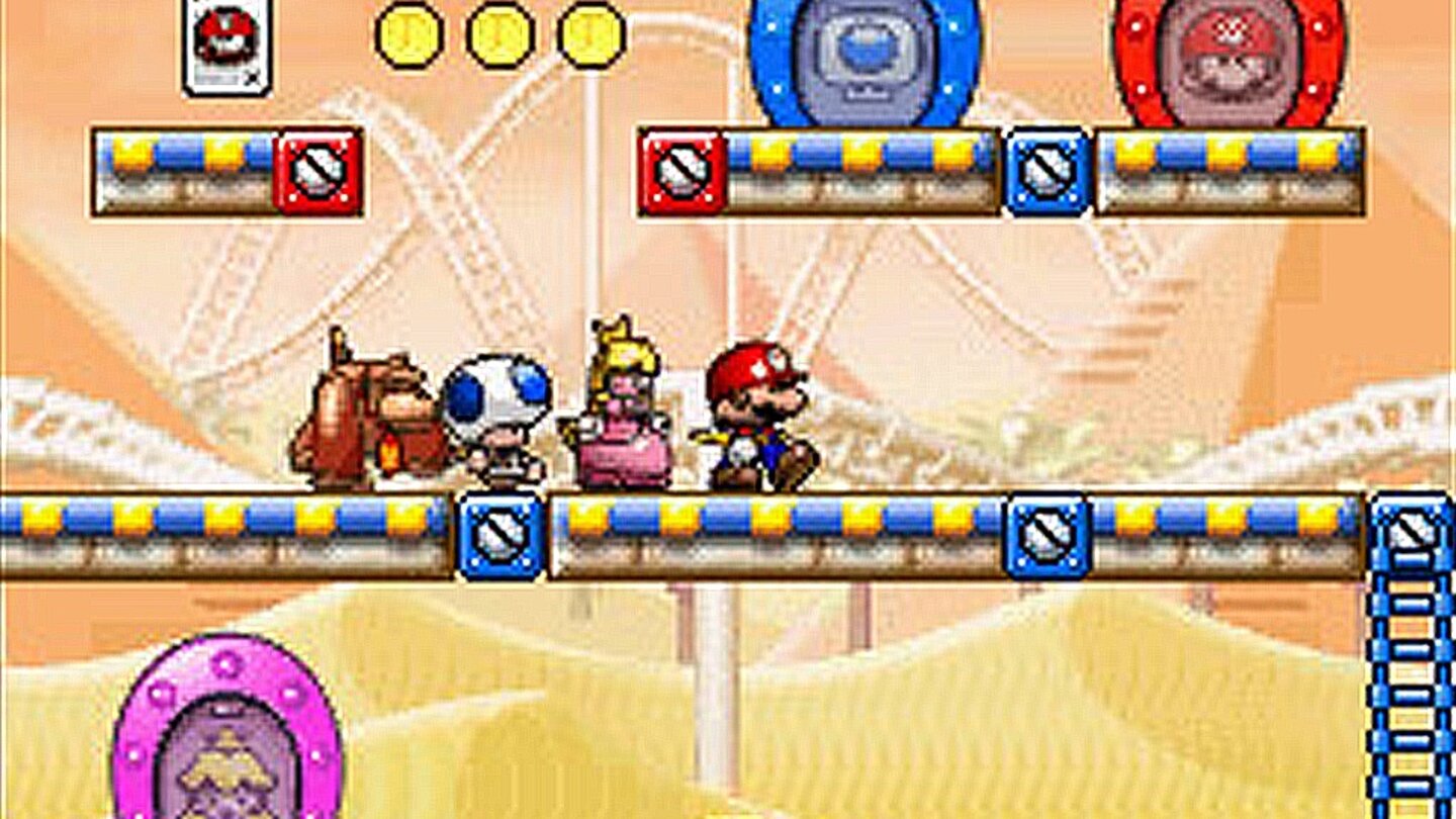 Mario vs. Donkey Kong: Mini-Land Mayhem! (Nintendo DS, 2011)
Der vierte Teil der Mario vs. Donkey Kong Reihe beginnt erneut mit einem Wutausbruch Donkey Kongs, der wieder einmal Pauline entführt. Marios Mini-Spielzeuge müssen es richten.
Neben der sich langsam abnutzenden Story ändert sich auch am Spielprinzip nichts, erneut müssen die Mini-Marios in Lemmings-Manier durch die Levels gesteuert werden.