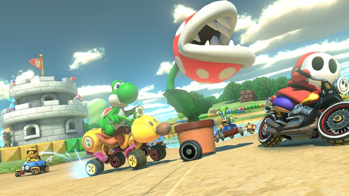 Mario Kart 8 (Nintendo Wii U, 2014) Die Koopa-Kids feiern ihren Einzug im achten Teil der Kartspiel-Reihe. Das Line-Up vergrößert sich um die Koopas und mehrere Baby-Charaktere. Dazu gibt es eine Reihe von neuen Power-Ups wie zum Beispiel dem Super-Horn. Zu bekannten Features wie dem Unterwasserfahren und den Gleitern gesellt sich das Überkopffahren. In Mario Kart 8 können Spieler an Wänden und sogar der Decke entlangfahren. Der Online-Modus wächst ebenfalls wieder auf 12 Spieler. Der achte Teil der Kartrennspiel-Reihe erscheint am 29. Mai 2014.