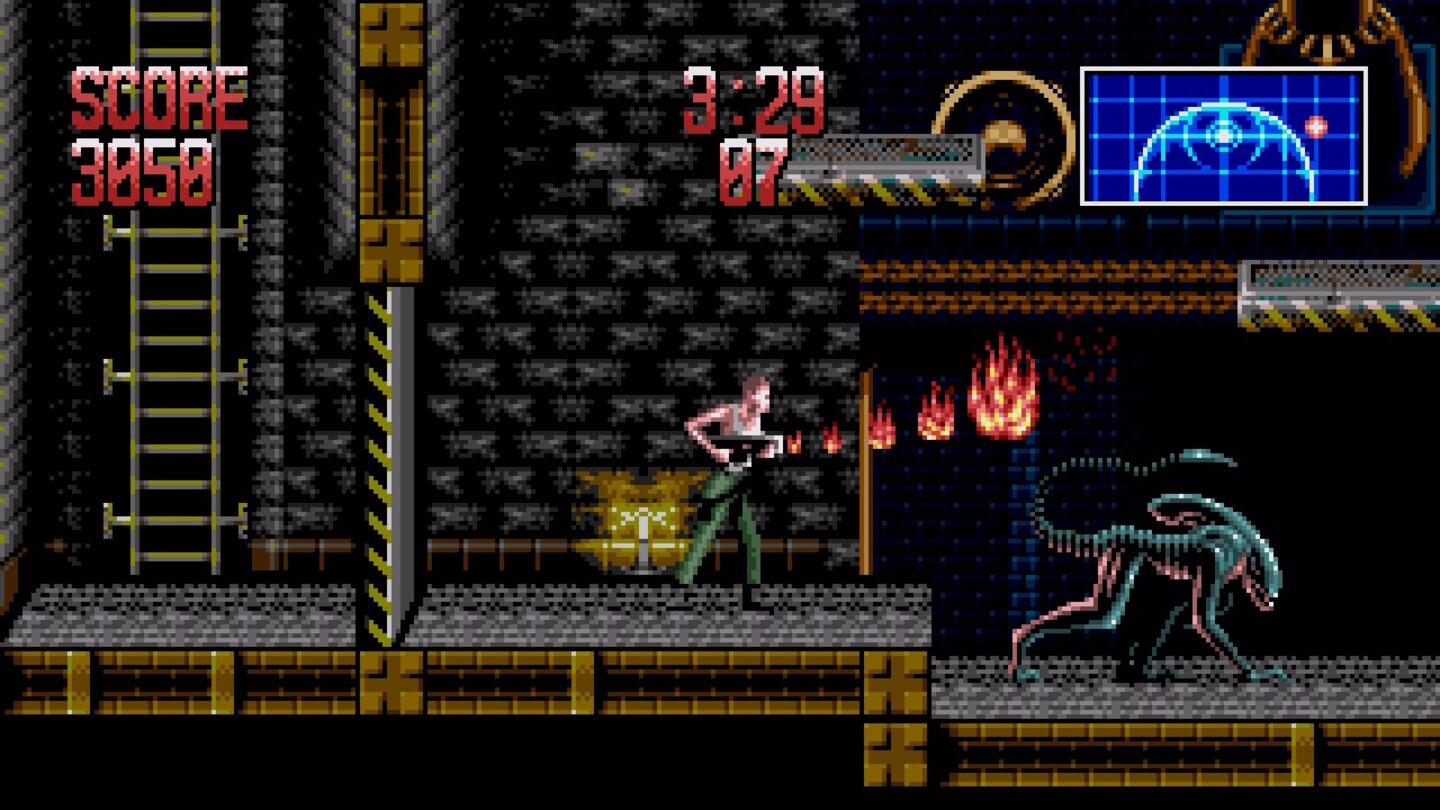 Alien 3 (1992)Zeitgleich mit dem dritten Alien-Film veröffentlichte Probe Software 1992 mit Alien 3 einen Metroid-artigen Side-Scrolling-Shooter für Amiga, Commodore 64, Super Nintendo, Mega Drive, Master System und NES.