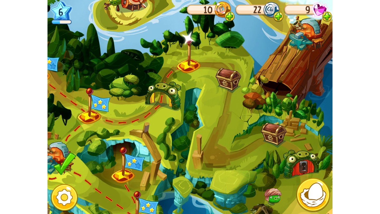 Angry Birds EpicAuf der Weltkarte wählen wir die nächsten Missionen. Die wenigen zusätzlichen Pfade erfordern oft bestimmte Schlüssel, um freigeschaltet zu werden – hier müssen wir erst Schlüssel im Spielverlauf finden.