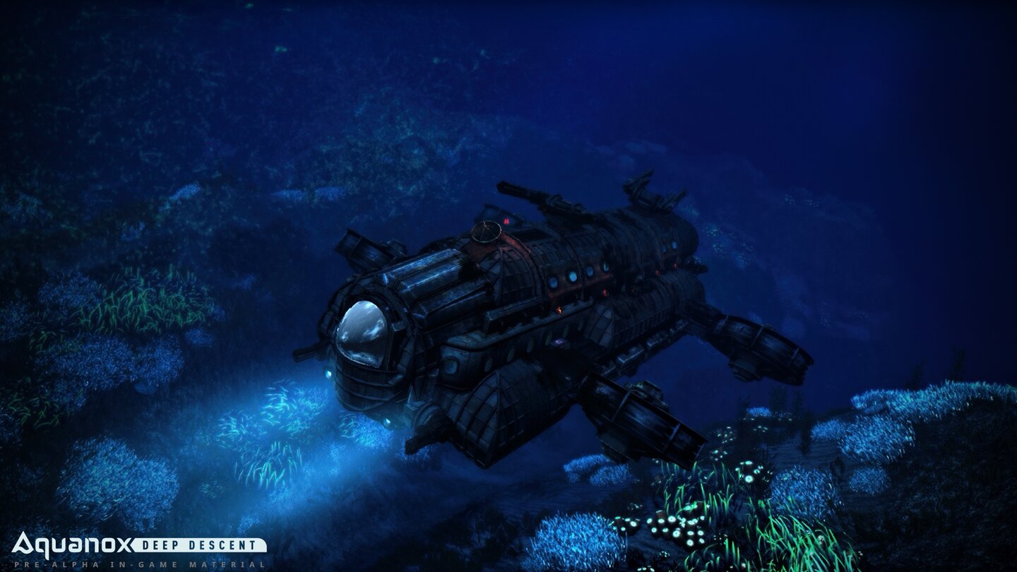 Aquanox: Deep DescentGegen Geld statten wir unser Schiff mit Waffen und Upgrades aus. Neben zwei Kanonen an der Front setzt dieser Brecher auf Geschütztürme auf dem Dach und am Heck.