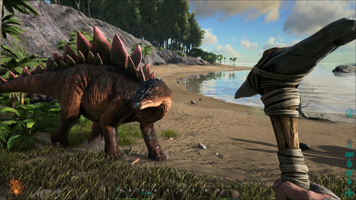 Ark: Survival EvolvedJa, die Dinos sind einfach wahnsinnig toll anzusehen, die ersten Spielstunden verbringen wir aber hauptsächlich damit, Steine und Bäume mit unserer Spitzhacke zu malträtieren.