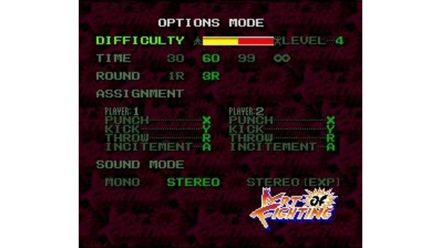 The Options mode. Note the extra Stereo mode. Use this and the game will have surround sound!