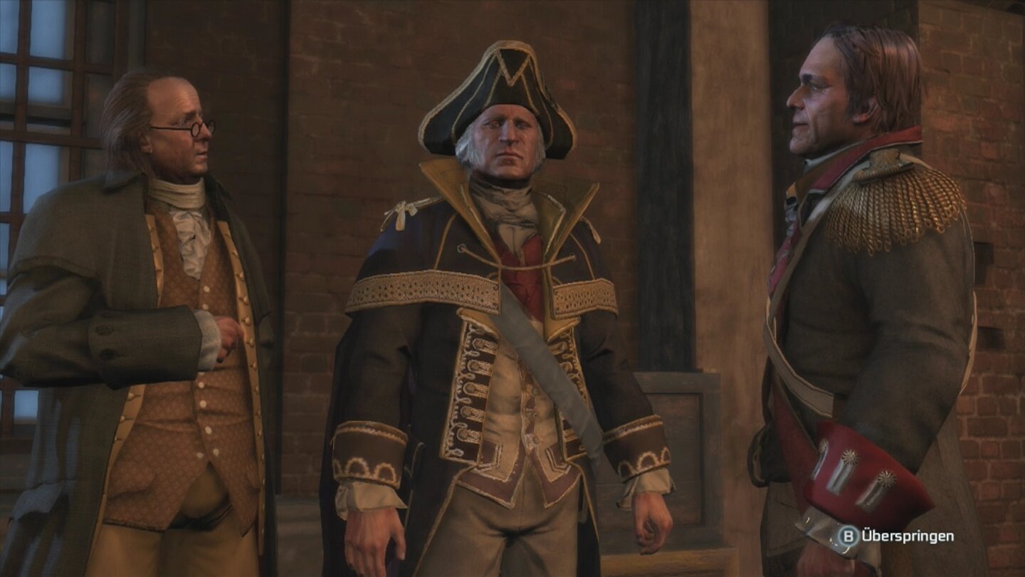 Assassin's Creed 3: Die Tyrannei des Königs WashingtonKönig Washington und seine Gefolgsleute sprechen ein hartes Urteil über Gefangene.