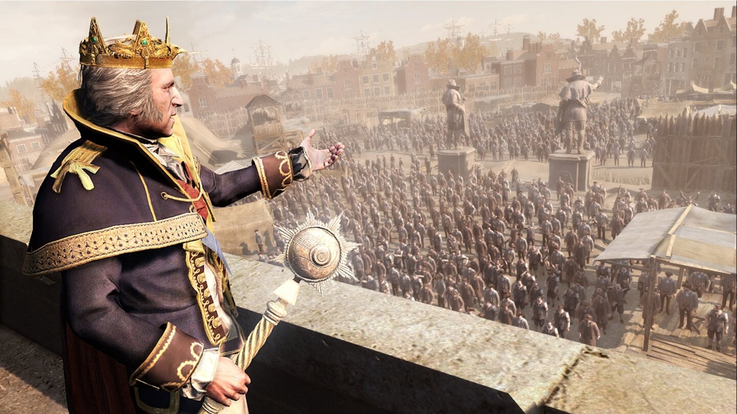 Assassin's Creed 3: Die Tyrannei des Königs WashingtonDrecksack und Demagoge: Die verrückte Ubisoft-Version von George Washington stachelt seine Untertanen in einer Rede an.