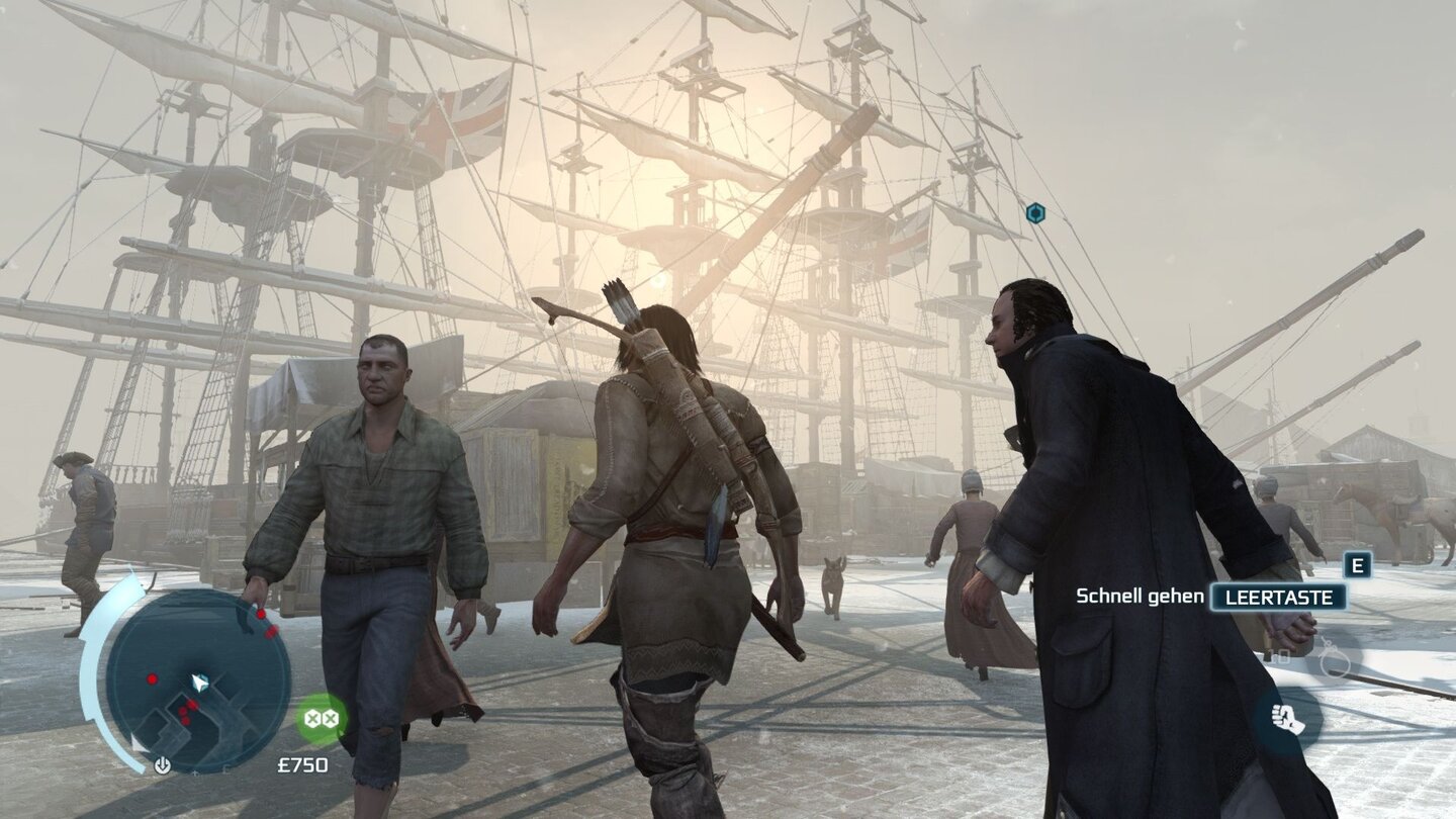 Assassin's Creed 3Eindrucksvoll: Im Bostoner Hafen liegen riesige Segelschiffe vor Anker.