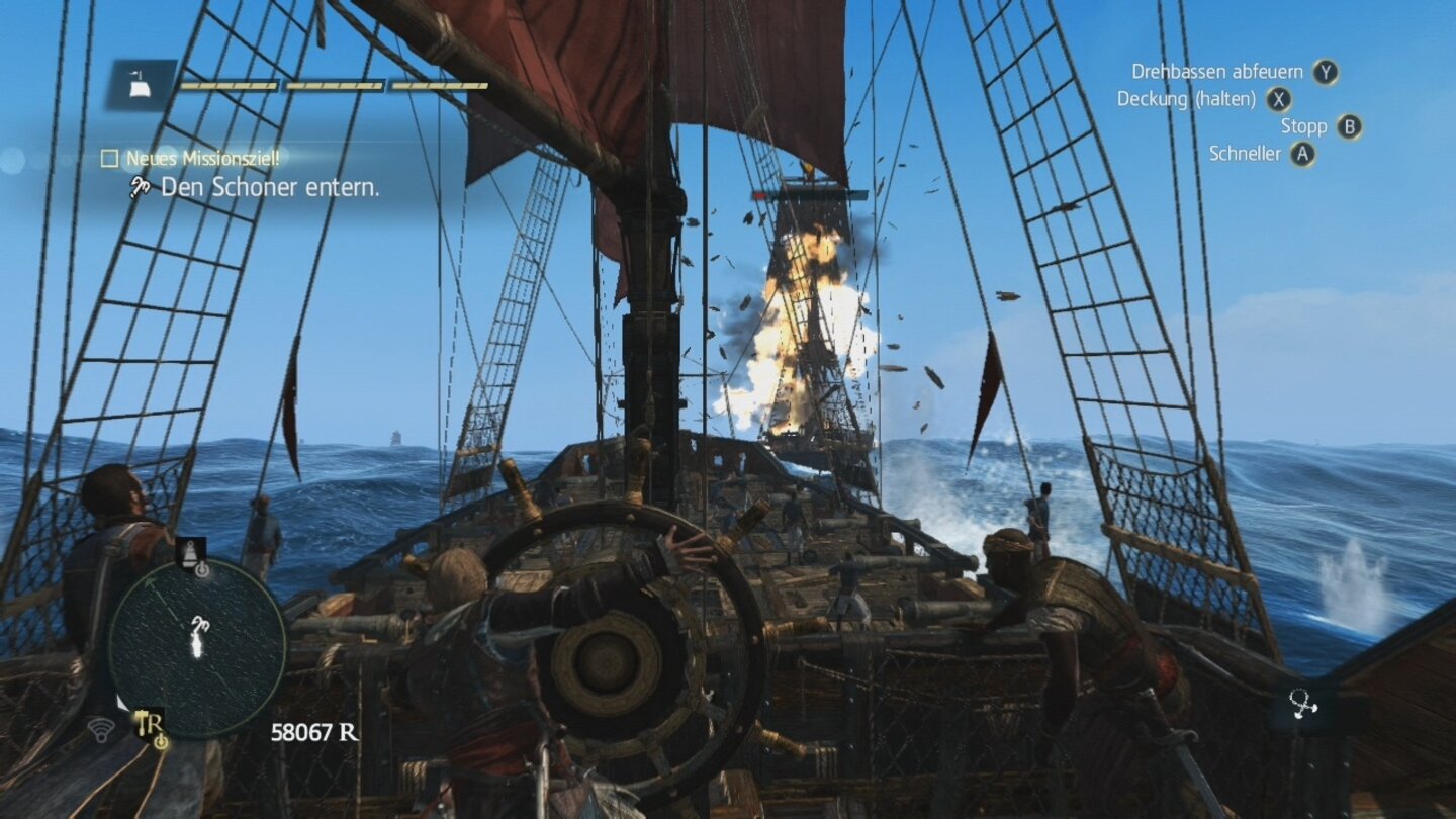 Assassin's Creed 4: Black Flag (360)
Die 360-Version von Black Flag hat auch hübsche Explosionen zu bieten. Die fehlenden Rauchwolken fehlen aber gerade bei Schlachten auf offener See.