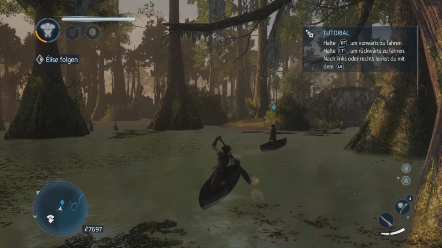 Assassin's Creed: Liberation HDDer Bayou, eine Art Sumpfgebiet, liegt in der Nähe von New Orleans und steht zu großen Teilen unter Wasser. Deswegen bewegt man sich dort am besten per Kanu fort.