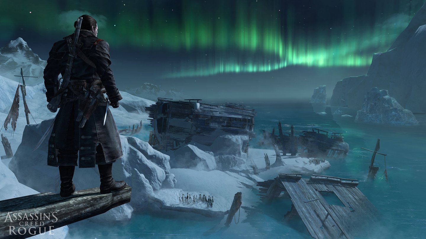 Assassins Creed RogueZwei neue Serien-Sehenswürdigkeiten: Pinguine und Polarlicht.