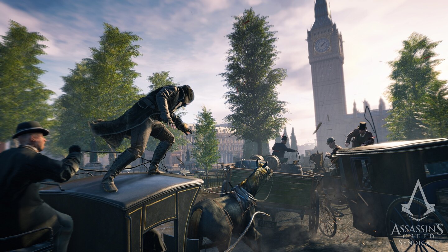 Assassin's Creed SyndicateAuch auf den Kutschen geht es zur Sache. Kämpfe auf Fahrzeugdächern sind besonders actionreich.