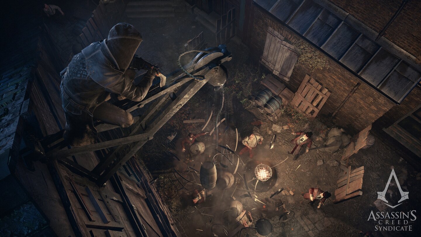 Assassin's Creed SyndicateEin guter Assassine nutzt auch die Umgebung. Einige Holzfässer, die von einem Kran fallen, schalten schon mal eine ganze Gegnergruppe für uns aus. Wer hat da bloß wieder bei der Schulung für Ladungssicherung nicht aufgepasst?