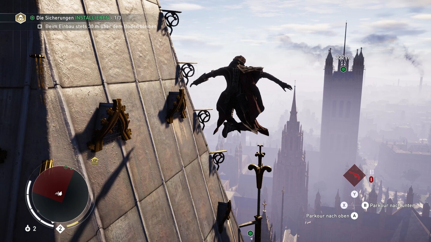 Assassin's Creed SyndicateTolles Missionsdesign: Wir befördern uns per Greifhaken durch luftige Höhen, um Generatoren lahmzulegen. Bonusziel: Dem Boden nie zu nahe kommen.