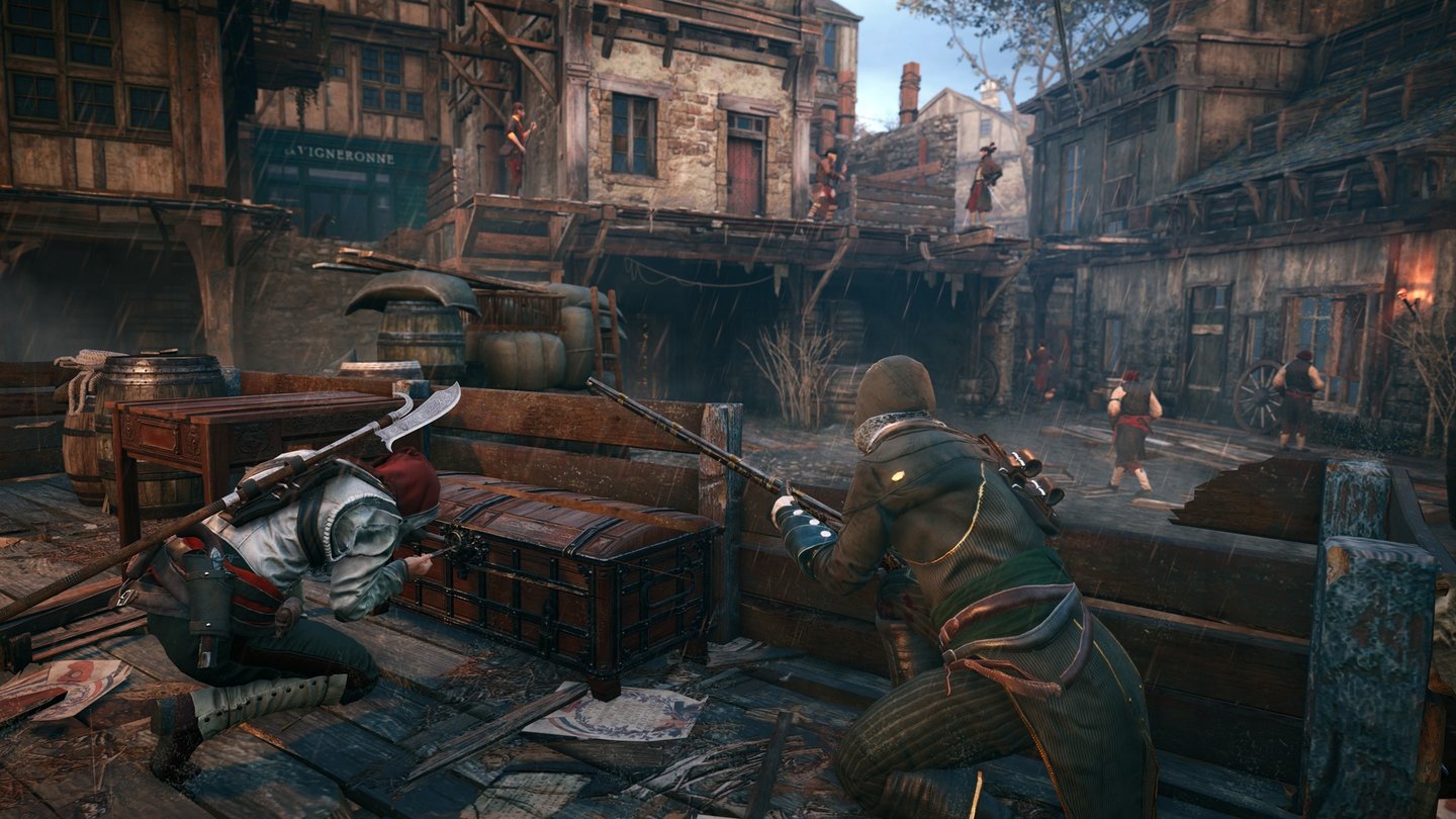 Assassin's Creed UnityIm Koop-Modus ist Aufgabenteilung angesagt: Einer knackt das Schloss, während der andere die Wachen im Auge behält.