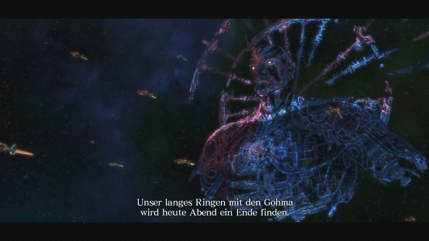 Asura's WrathAbgefahren: Ein riesigen Raumschiff in Menschenform fliegt einen Angriff auf die Gohma.