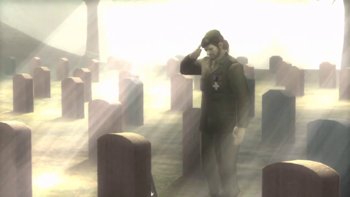 2004 - Metal Gear Solid 3: Snake EaterSnake salutiert auf dem Arlington Friedhof vor dem Grabstein von Boss.