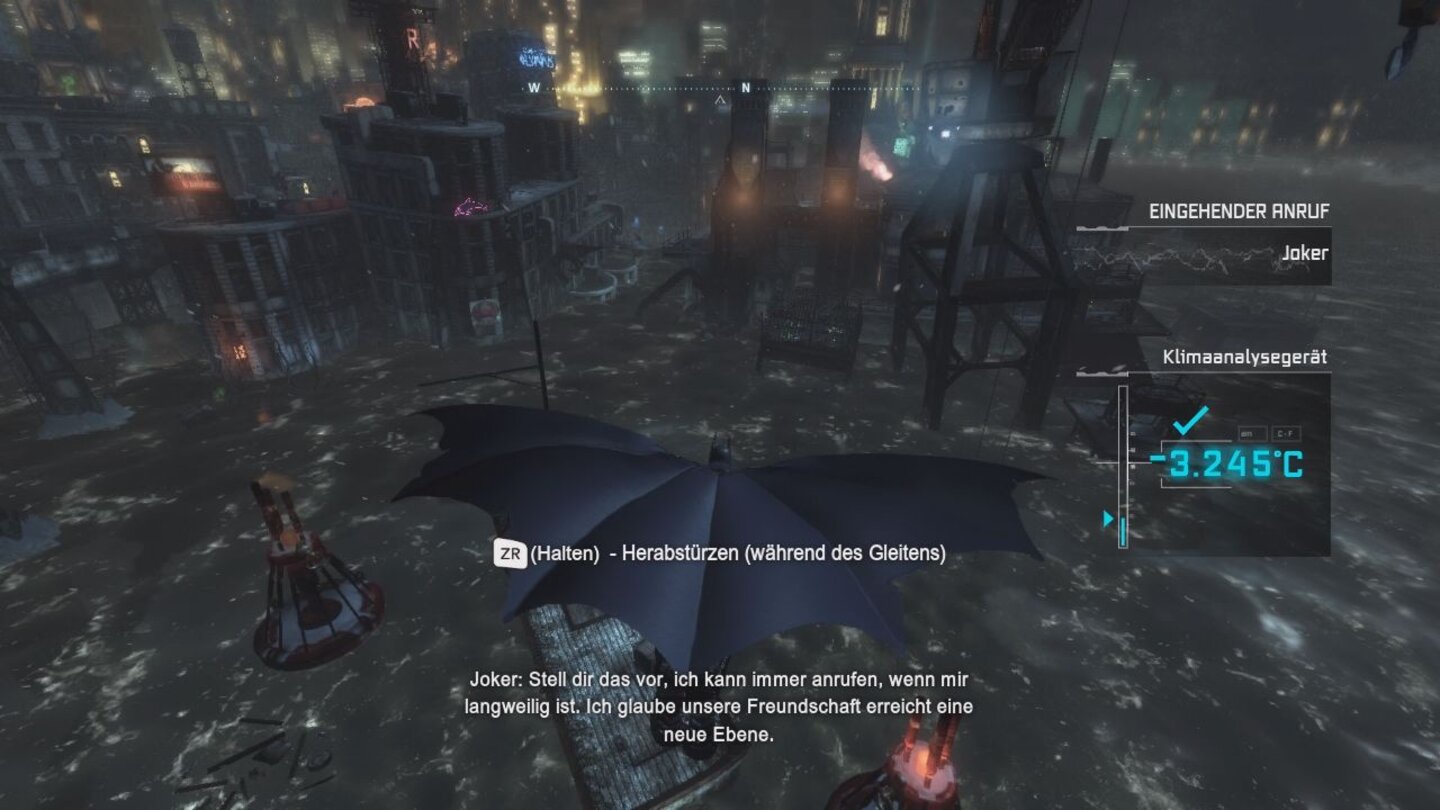 Batman: Arkham City - Armoured EditionMit seinem Umhang ausgerüstet kann Batman frei zwischen den Häusern umhergleiten.