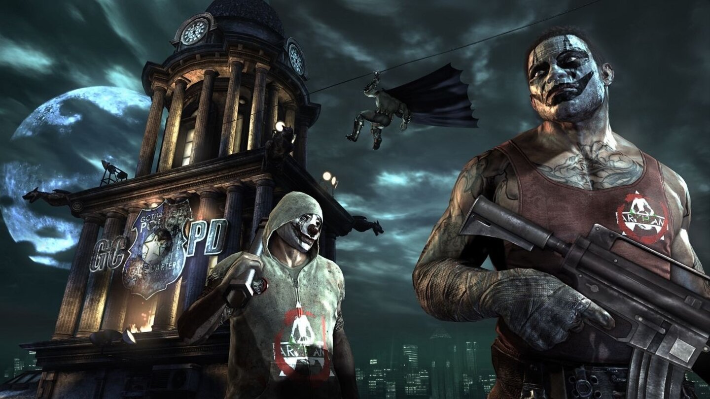 Batman: Arkham City... diese Clownsnasen dagegen für den Joker. Zwischen den Fraktionen tobt in den Straßen ein Bandenkrieg - an dem Batman heimlich vorbeischwingt.