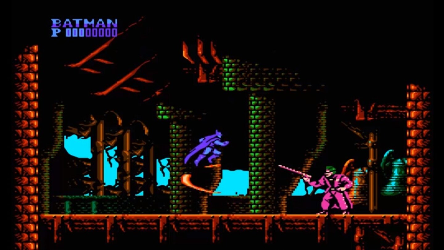 Batman: The Video Game (1989, NES)Eine weitere Umsetzung des Burton-Films erscheint für’s NES, Sega Genesis und den Gameboy. Doch von diesen drei Versionen wird vor allem die Fassung auf Nintendos Heimkonsole bis heute in vielen Top-Rankings zu 8-Bit-Prügeln genannt. Das dürfte auch daran liegen, dass die NES-Version neben dem flotten Spielfluss und treibenden Soundtrack einen vergleichsweise moderaten Schwierigkeitsgrad hat. Batman springt an Wänden entlang, schleudert den Batarang und legt sich mit diversen Schurken wie Killer Moth und Deadshot an, die den Rahmen der eigentlichen Filmvorlage sprengen. Auch heute noch sehr gut zu spielen.