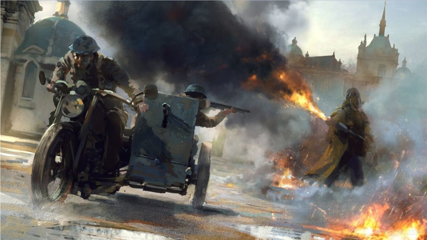 Battlefield 1Dieses Krad ist mit einem fest montierten MG ausgestattet. Der Beifahrer schießt aber zusätzlich mit seiner eigenen Waffe.