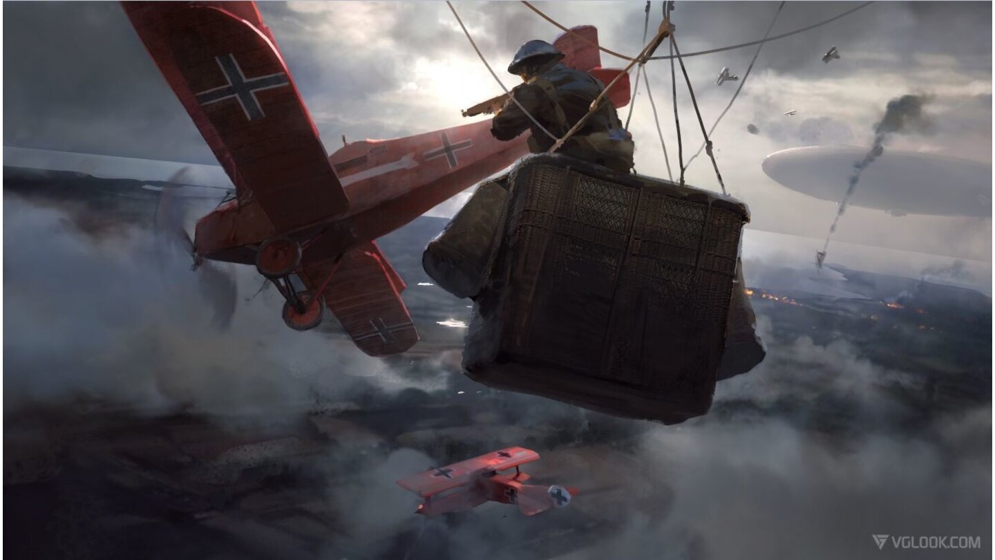 Battlefield 1Die allgegenwärtigen Fesselballone sind scheinbar mehr als Schlachtfeld-Deko. Als improvisierte Luftabwehr feuert ein Soldat aus dem Korb so eines Ballons.