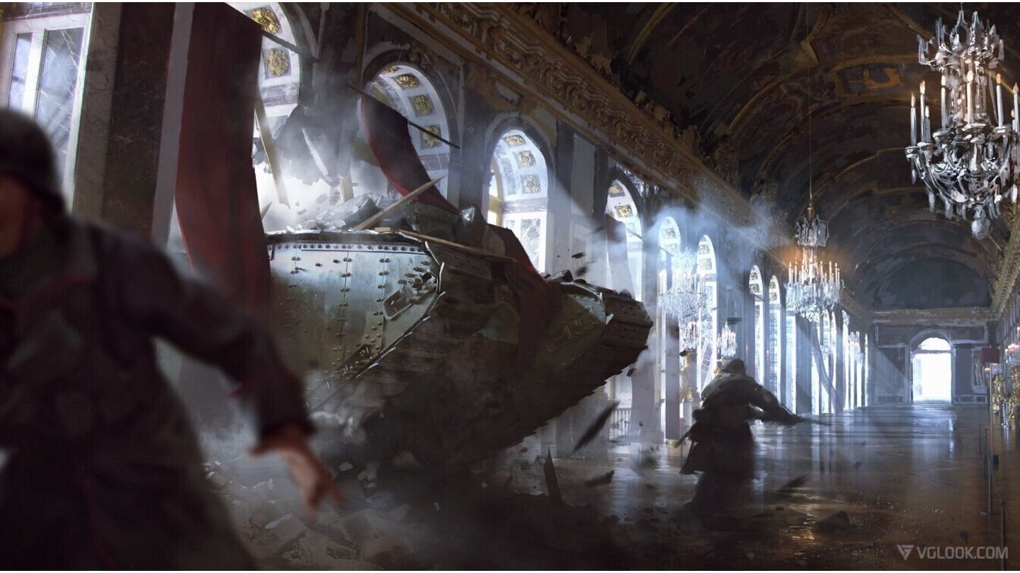 Battlefield 1Dieses Artwork kennen unsere Heftleser bereits. Ein britischer Mark-Panzer bricht in den Spiegelsaal von Versailles. Der Palast scheint also als Schauplatz in Battlefield 1 zu dienen.