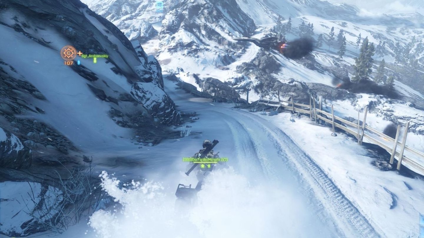 Battlefield 3 - Armored Kill-DLC (PC-Screenshots)Im Gebirge wirbelt das Quad so viel Schnee auf, dass man mitunter nichts mehr sehen kann.