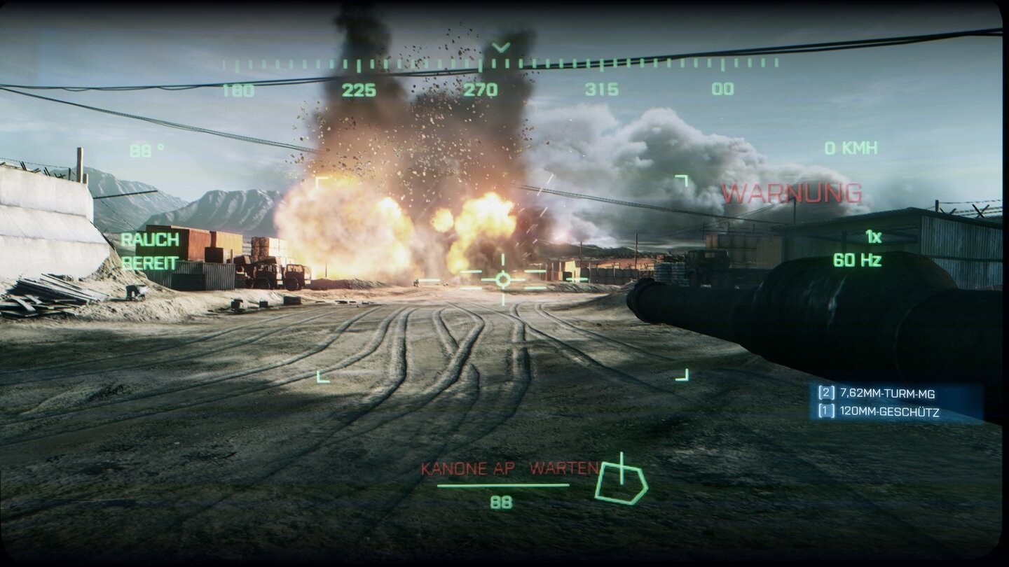 Battlefield 3 - Screenshots aus der Solo-KampagneAls Sergeant Miller jagen wir mit unserem Panzer feindliche Artilleriestellungen in die Luft.