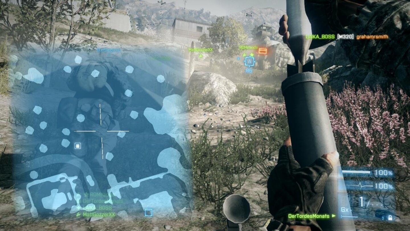 Battlefield 3Mit seinem Mörser kann der Unterstützer über Hindernisse hinweg schießen, ist dabei aber auf Zielmarkierungen seines Teams angewiesen.