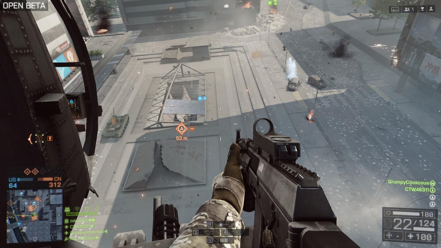 Battlefield 4 - Multiplayer-BetaDurch das Glasdach kann man den Feind in der U-Bahn bei Punkt A sogar aus dem Heli heraus beschießen.