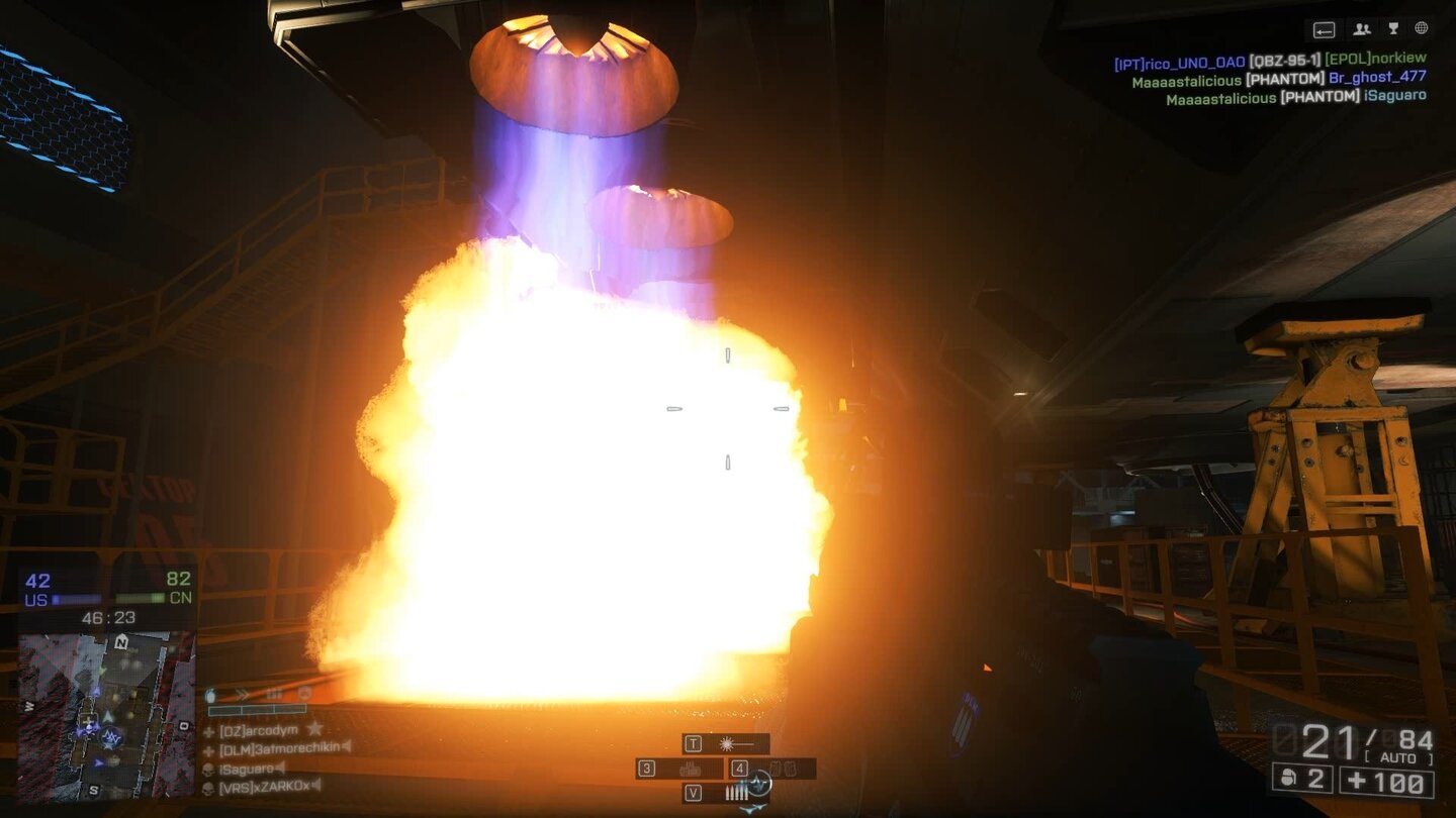 Battlefield 4: Final StandDie Triebwerke des Titans auf Hangar 21 jagen einen Flammenstoß durch die unterirdischen Gänge.