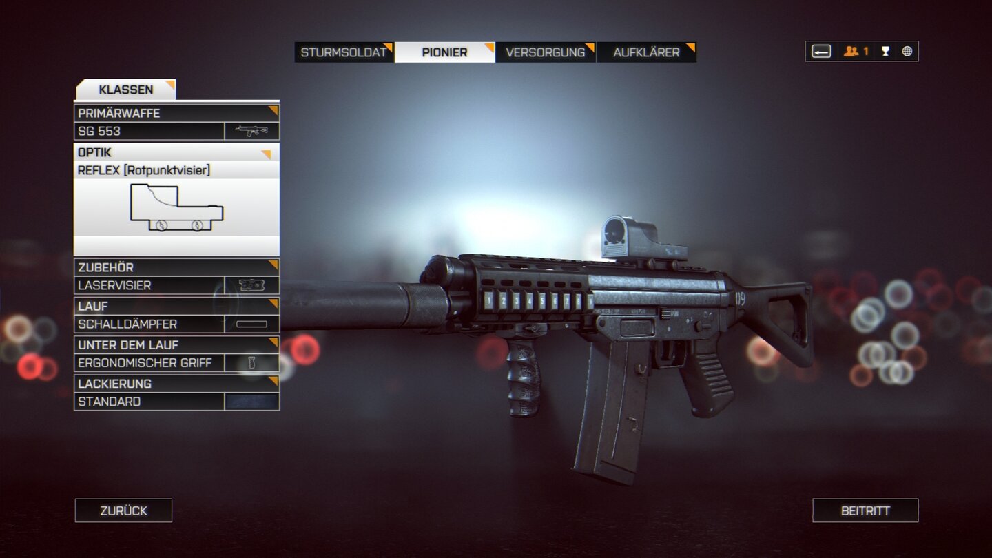 Battlefield 4 - Multiplayer-Screenshots (PC-Version)Unsere Waffen statten wir mit allerlei Zubehör aus.