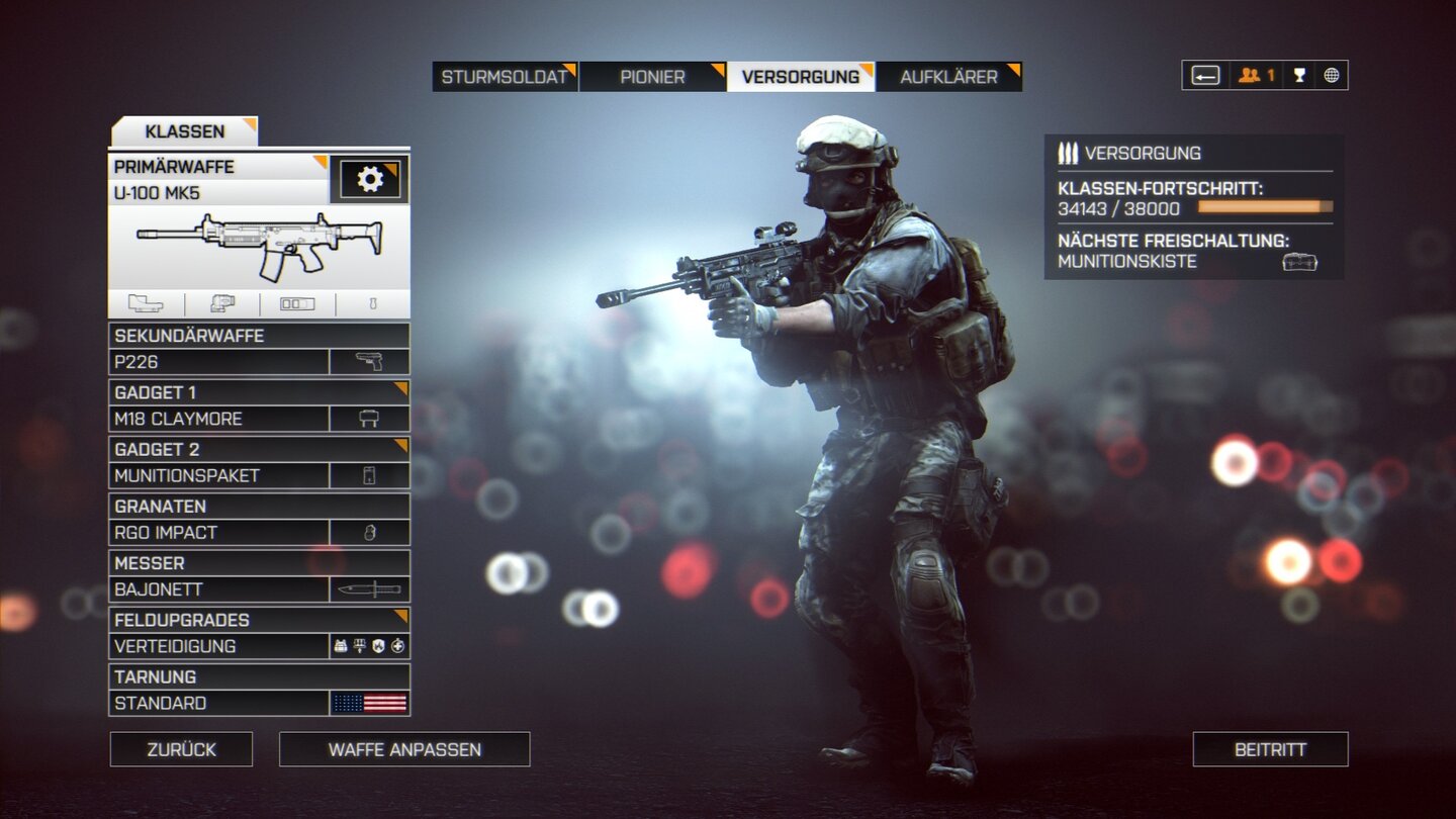 Battlefield 4 - Multiplayer-Screenshots (PC-Version)Unsere Ausrüstung ändern wir über dieses etwas verschachtelte Menü. Schnellzugriffe gibt's nicht.